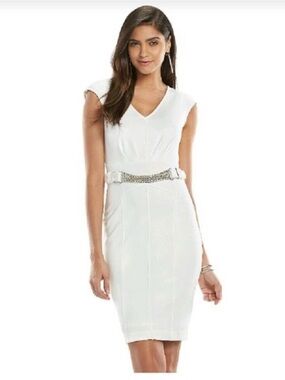 Jennifer Lopez White V-Neck Midi Dress with Jeweled Belt